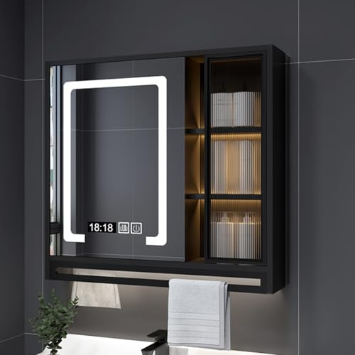 POWRZZZY LED Spiegelschrank 3 Lichtfarbe Einstellbarn Beleuchtet Spiegelschrank Doppeltür Hängeschrank Badschrank mit Intelligenter Antibeschlag/Touchschalter für Badezimmer Keine Installation