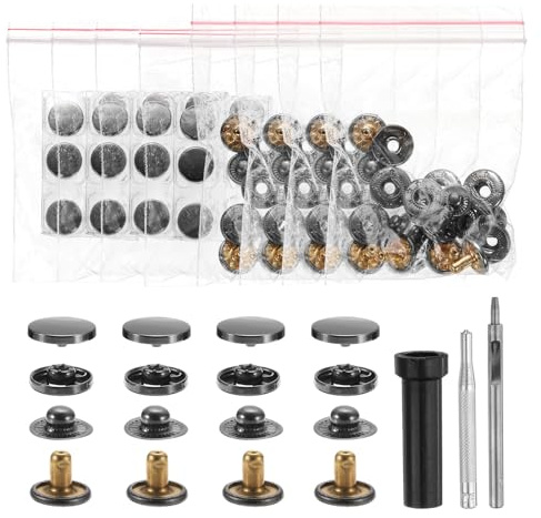 sourcing map 24 Set Leather Snap Fasteners Kit 10mm Metal Button Snaps Press Studs Leather Rivets Snaps with 3 Setter Tools for Clothes Jackets Jeans Wears Bags, Gun-Black