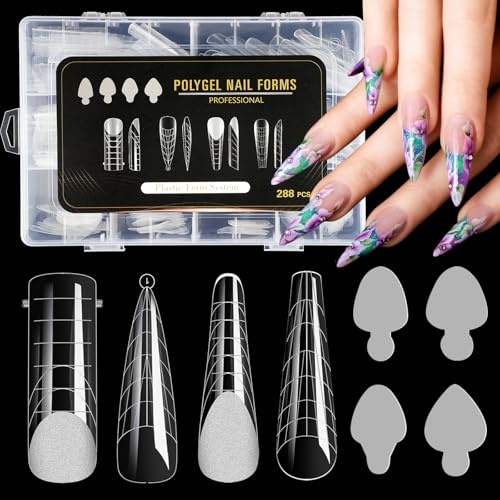JSRQT 288 Pièces Acrygel Faux Ongles Capsule,Système De Formes D'ongles Doubles, Couverture Complète Transparente Faux Ongle UV Gel Extension D'ongle,Échelle de 4 Styles et 12 Tailles