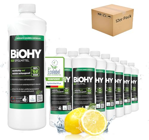 BiOHY Diskmedel Plus (12 x 1 liter) | Ekologiskt flytande koncentrat för porslin med EU-miljömärke | Extra kraftfull fettlösare | Perfekt för diskmedelsdispenser | Miljövänlig och biologiskt