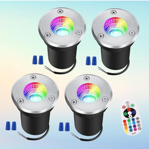 QICBYING Focos RGB Empotrables De Suelo De 4 Piezas De 3 W - Luz De Jardín Enterrada, Foco LED Empotrable for Exterior, Lámpara De Pie Empotrada for Jardín IP67, Focos De Suelo De 12 V-24 V(3W(12V))