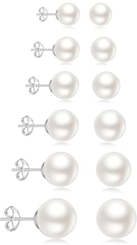 Perlen Ohrringe Silber, 6 Paar Perlenohrringe Stecker Damen Weiße, 6-16mm Ohrstecker Silber mit Perle, Wasserfest Hypoallergene Modeschmuck Ohrringe für Frauen Mädchen Braut Geschenk