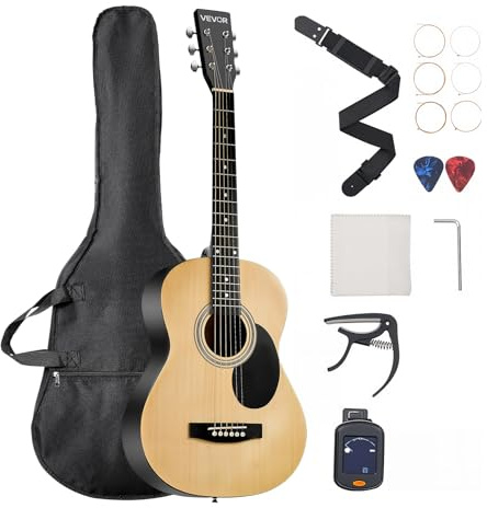 VEVOR Dreadnought-Akustikgitarre, 914,4 mm, Akustische Gitarre Set mit Gigbag, Stimmgerät, Gurt, Stahlsaiten, Plektren, Kapodaster, Palisandergriffbrett, für Anfänger mit kleinen Händen, Natur