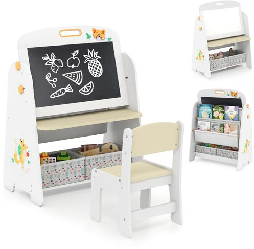COSTWAY 4 en 1 Chevalet Enfant en Bois avec Chaise & Tableau Noir & Blanc Magnétique, Bureau Enfant en Motif Renard avec 2 Bacs en Tissu, Gomme & Craies, Bibliothèque pour 3 Ans+ (Naturel)