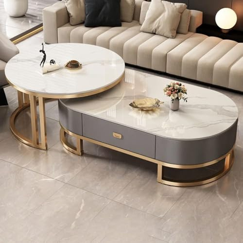 Oval sten soffbord uppsättning med 2 – modernt vardagsrum mittbord med förvaringslåda – glasbord – svart/grå och vit – (119 cm L x 59 cm B x 40 cm H) + (80 cm L x 80 cm B x 45 cm H)