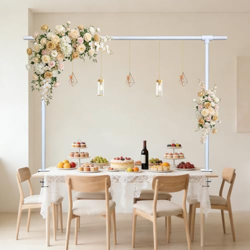 Potaosey Over The Table Rod Stand with Clamps Adjustable 16-87 Length 30-45 Height Metal Arch Stand Table Arch Hanging Rail for Wedding Birthday Party Halloween (White)