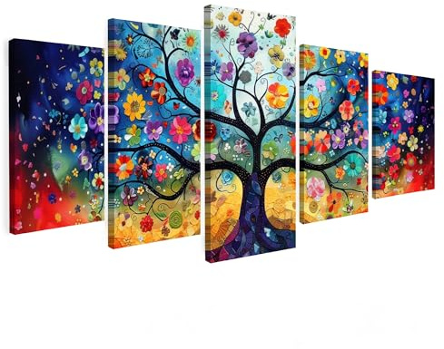 MuchoWow© Mehrteiliges Leinwandbild 5er Set Wall Art Decoration Bilder | 200x100 cm - die Wand Schlafzimmer Deko Canvas Painting Wanddekoration Bunt - Baum des Lebens - Blumen - Abstrakt