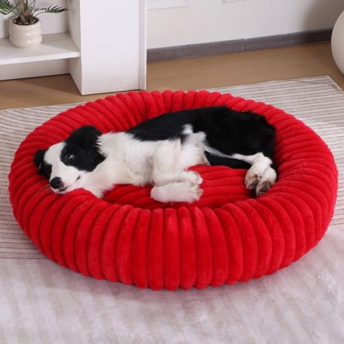 Yuly Panier pour Chien Anti-anxiété, Lit en Forme de Beignet pour Chat, Doux et Confortable, Fond Antidérapant, Lavable, Coussin Orthopedique pour Petit Moyen Grande Chiens (Rouge,40cm/15.7in)