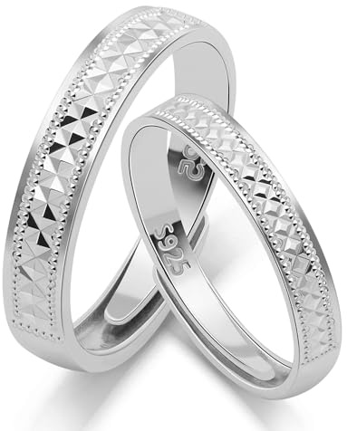 Meissa Bagues de Couple Gravées en Argent 925 – Anneaux Assortis Vintage pour Homme et Femme – Anneaux d’Amour Élégants pour Mariage, Fiançailles, Anniversaire (Argenté)