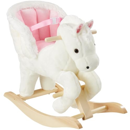 tectake® Cavallo a Dondolo per Bambini dai 18 Mesi, Unicorno Bianco Cavalluccio Dondolo Neonati in Peluche Morbido, Struttura in Acciaio, Cintura di Sicurezza, con Suoni, Maniglie Poggiapiedi in Legno