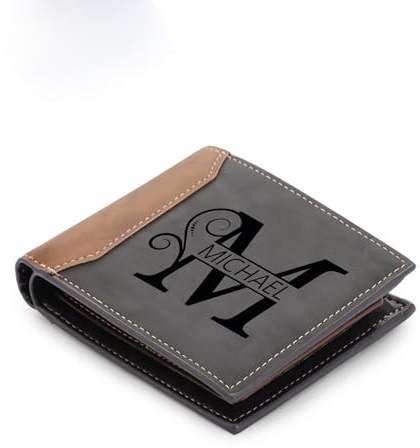 Grovjewfit Portefeuille Homme Personnalisé - Nom Initiale Gravés Bifold en Cuir PU avec Porte‑Cartes - Cadeau pour Papa Mari Copain (Style 1)