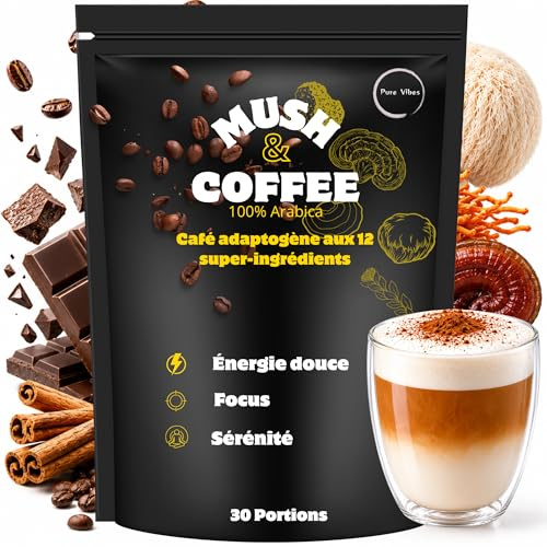 Alternative au Café – Substitut de Café Instantané Reishi & Lion’s Mane – PureVibes Mush & Coffee – Énergie Stable & Concentration – Vegan Sans Sucre – 30 Tasses