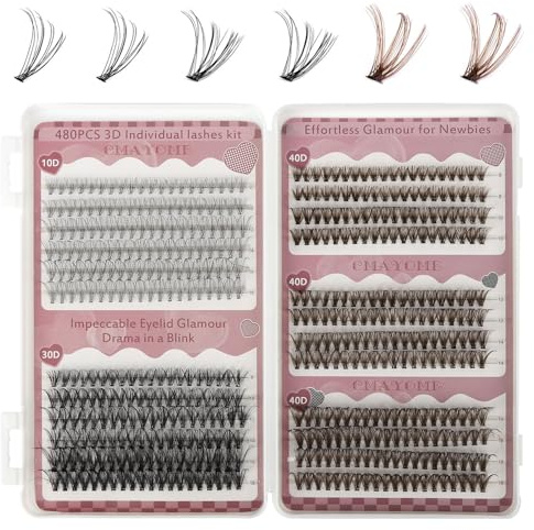 MOTIBACK Set di 480 ciglia, 10D, 30D, 40D, colore nero e marrone, 8-18 mm, extension per ciglia fai da te, mix di colori, per look naturali e delicati, riutilizzabili