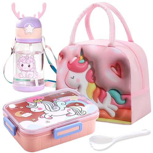 Spiritzohic Unicorn Lunch Box, Unicorn Bento Box Set with Water Bottle, Lunchs Bag Utensils Leakproof Lunch Containers Lunchbox Drinking Bottle Portability Snack Boxes for School,Picnic Animal