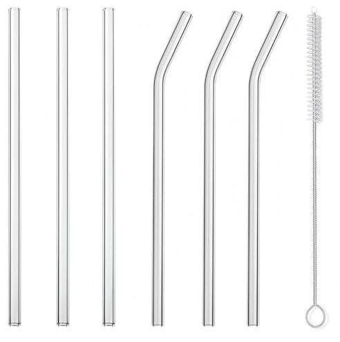Reusable Glass Straws 6-Pack – 3 Straight & 3 Bent with Cleaning Brush, Eco-Friendly Drinking Straws for Smoothies, Juice, Water, Hot or Cold Drinks(Clear)