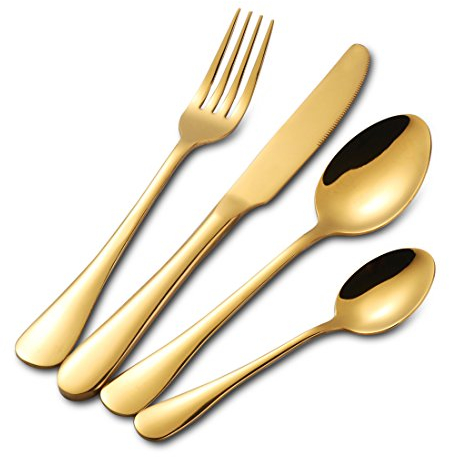 Buyer Star 4 Pezzi Posate Oro Acciaio Inossidabile Posate Set Nozze Festa Utensili da tavola Cucchiaio da Dessert tè Coltello da Bistecca Forchetta