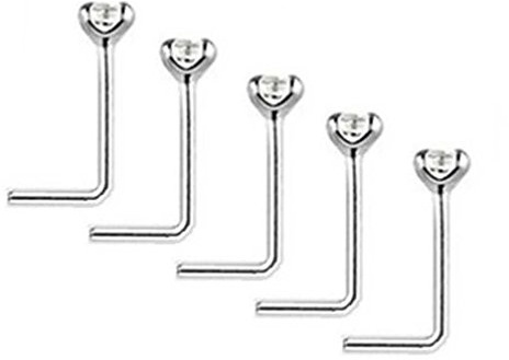 Clear Crystal Nose Studs PACK OF 5 STERLING SILVER Thin 0.6mm Bar L SHAPE (5x 2mm)