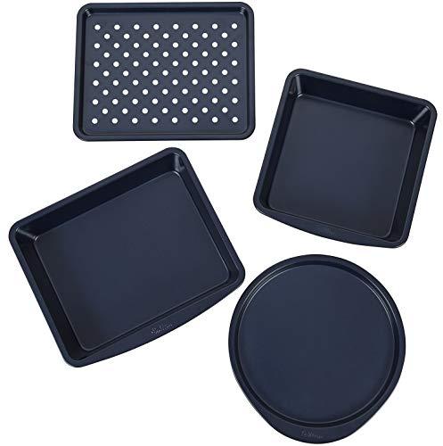 Wilton Diamond-Infused 4 Piece Nonstick Toaster Oven Baking Set, Navy Blue Bakeware for Small Batches, Durable & Metal Utensil Safe, Dishwasher Safe Baking Pan