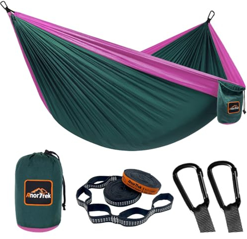 AnorTrek Campinghängmatta, superlätt och portabel fallskärmshängmatta med två trädremmar, enkel eller dubbel nylonhängmatta för camping, vandring och backpacking