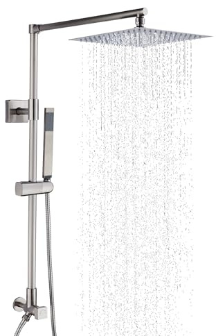 Fennocasa Polaris Lux Rain Shower System, includes 10” Square Rainfall Shower Head and Handheld Shower Combo, Height Adjustable Spray Holder, Retrofit, 60” Hose (2.5 GPM Brushed Nickel)