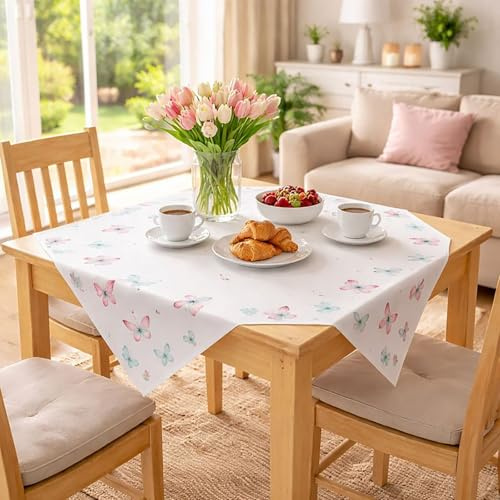 KAMACA Mitteldecke Schmetterlinge im Himmel – 80x80 cm Tischdecke für Frühling und Sommer – Hochwertiges Druck-Motiv für Haus und Garten – Waschbare Mitteldecke bunt