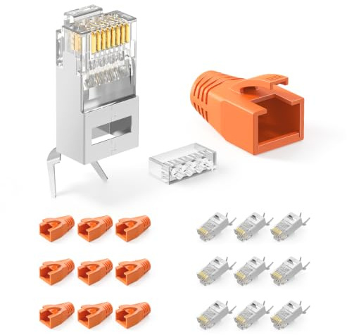 LEENUE 10 Stück RJ45 Stecker Cat7 Pass Through, 10 Gbit/s 600 MHz, Orange | Geschirmt Lan Stecker PoE für Cat7 Cat6A Verlegekabel, für 22-24 AWG Verlegekabel, Vergoldet, PoE unterstützen