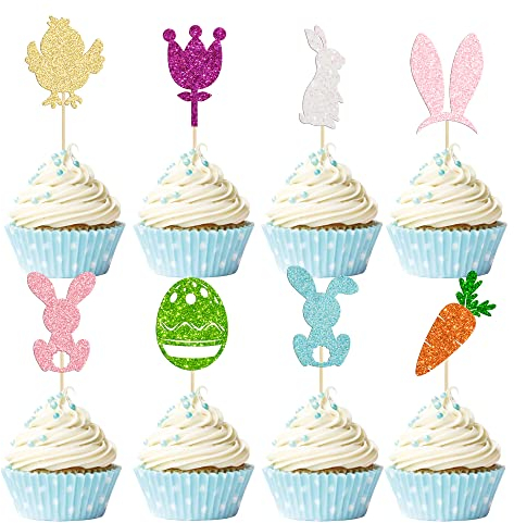Gyufise 24 Pack Happy Easter Cupcake Toppers Glitter Rabbit Carrot Bunny Egg Cupcake Picks Happy Easter Theme Baby Shower Kids Birthday Party Cake Decorations Supplies