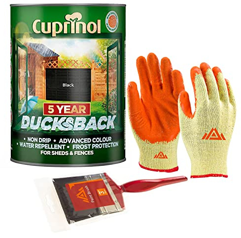 PERFECTONISH Ducksback 5-Litres Shed and Fence Paint Exterior Wood | Non-Drip, Frost Defence and Water Repellent Protection for 5 Years With Paint Brush And Protective Gloves (Black)