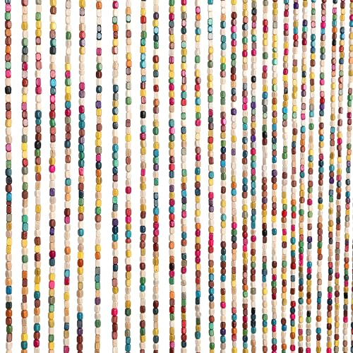 ANMINY 52 Strands Bamboo Wood Beaded Curtain for Doorways 35 x 75 Rainbow Colorful Handmade Natural Wooden Boho Hippie Door Window Hanging Beads