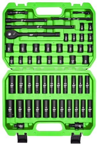 SUNHZMCKP 3/8 Drive Impact Socket Set, 52 Piece Standard SAE (5/16-3/4 inch) and Metric (8-22mm) Shallow & Deep 6 Point Sockets, 3/8-In Ratchet Handle, Extension Bars, Adapters, Universal Joint, CR-V