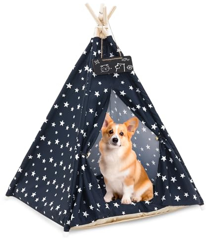 Pet Teepee Tent for Dogs & Cats, 24 Inch & 43 Inch Portable Indoor Dog House with Thick Cushion, Cat Teepee Washable Tent Dog Teepee Bed Indoor (43 Inch, Navy Blue Stars)