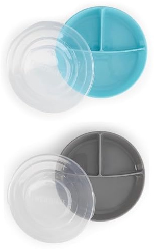 Twistshake 2x Scellé Assiette d'Apprentissage avec Couvercles et Séparateurs pour Le Repas de Bébés, Assiettes à Compartiments en PP et Silicone pour Nourriture, 6+ Mois, Bleu Pastel & Gris Pastel