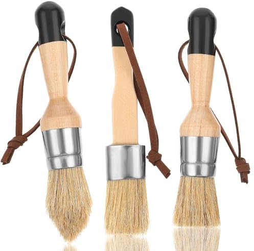 Set of 3 Chalk and Wax Brushes, Chalk Paint Brush, Natural Stencil Brush, Bristle, Wooden Stencil Brush Set, Reusable, Flat, Pointed, Round Chalk Brush, for Wooden Furniture, Folk Art, Home Decoration
