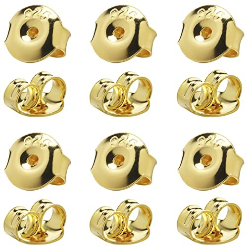 32 Piezas de Repuestos de Respaldos de Aretes de Plata 925, Respaldos de Aretes Hipoalergénicos Chapados en Oro de 18 Quilates, Cierre Seguro de Orejas para Aretes, Tuercas para Postes (Oro)