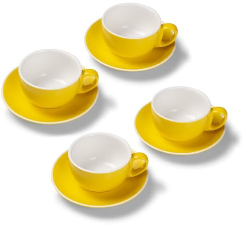 Terra Home 4er Milchkaffee-Tassen Set - Gelb, 350 ml, Glossy, Porzellan, Dickwandig, Spülmaschinenfest, italienisches Design - Kaffee-Tassen Set mit Untertassen