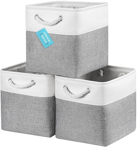 OrganiHaus Aufbewahrungsbox 28x28cm 3er-Set, Würfelkörbe aus Stoff mit Seilgriffen, Faltbare Aufbewahrungswürfel für Kallax Organizer, Ablagekörbe für das Kinderzimmer Grau/Weiß