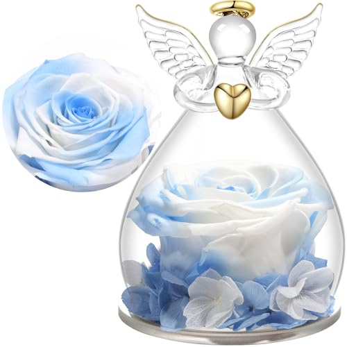 Yamonic Rosa Stabilizzata Vera Regalo Donna,Rosa Eterna in Angel Cupola Regali Mamma,Figurine di Angeli Regali Nonna Donna Compleanno,Angelo Custode Idee Regalo Natale Festa della Mamma