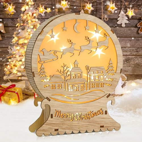 Aragallant LED Weihnachtsbeleuchtung aus Holz, Weihnachtsstern Beleuchtung Fensterbeleuchtung, Weihnachtsschmuck Holz, LED Elch Licht, Weihnachtsdeko für Innen Balkon (Christmas)