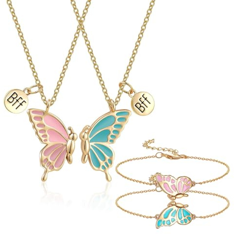 EIYVPRA Schmetterling Freundschaftsarmband und Freundschaftskette Set Schmetterling Friendship Necklace Armband Damen Mädchen Freundschaft BFF Schmuck Set Beste Freundin Geburtstag Geschenke, Gold