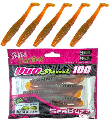 SEABUZZ Gummifische Angelköder Set Duo Shad 5Stk x 100mm - Hecht Forelle Barsch Gummiköder - Zander & Wels Kunstköder - Raubfisch Angelnset - Süß- und Salzwasser Angelausrüstung (Honey)