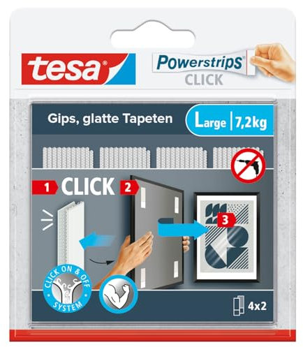 tesa Powerstrips CLICK - Klett-Klebepads zum An- und Abklicken von Bilderrahmen und Wanddekorationen ohne Bohren - selbstklebende Klettband-Strips mit ON und OFF Click-System - Large - 4 x 2 Stück