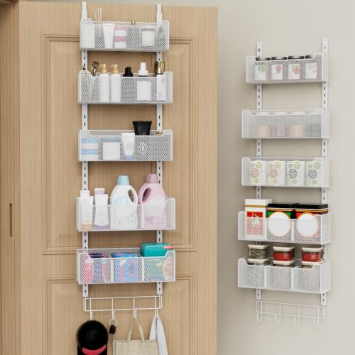 NEYCIL Über-der-Tür-Organizer, 5-stufig, 4 verstellbare Körbe und 8 Haken, freistehender Hänge-Organizer für die Tür, Aufbewahrung an der Türrückseite, geeignet für Küche und andere Räume, Weiß