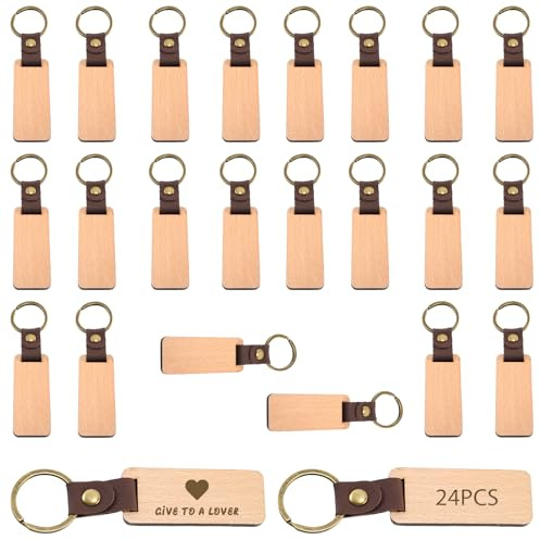 WANDGU Lot de 24 porte-clés en bois : 6,5 x 2,8 cm Porte-clés en bois rectangulaire, porte-clés vierge personnalisé, porte-clés en cuir pour bricolage, peinture, décoration, cadeaux