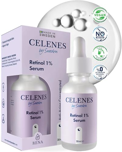 Celenes By Sweden Retinol 1% Anti-Aging Gesichtsserum – Wasserfreie Formel gegen feine Linien, Falten und ungleichmäßigen Hautton – Vegan, Kollagenfördernde Hautpflege für einen strahlenden Teint