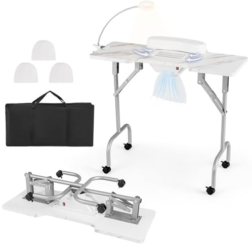 RELAX4LIFE Table Manucure Pliante avec Aspirateur | Table Manucure Pliable sur roulettes | Portable avec Sac | Lampe LED USB | Coussin de Poignet Amovible | Sac à Poussière | Motif Marbre (Blanc)