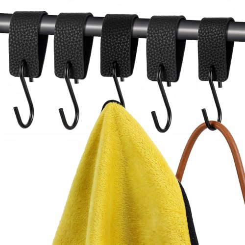 DOPENSPI 5 Stück Haken für Kleiderstange, S Haken Metall mit Reißfestigkeit Lederschlaufe, Mehrzweckhaken Kinderwagen Haken Campinghaken für Garderobe Mantel Badezimmer, Handtuch, Küche
