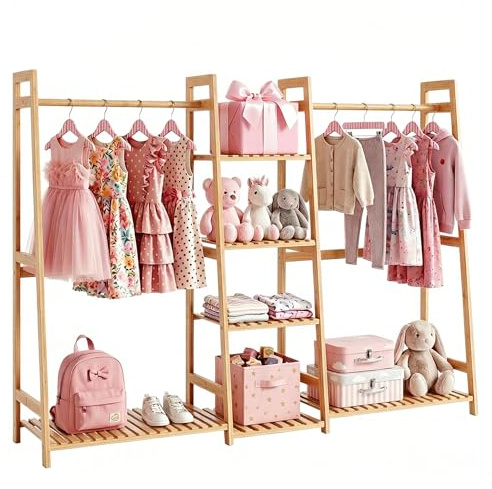 BAMBOOHOMIE Kids Clothing Rack with Shelves, Bamboo Clothes Garment Rack for Kid Child Baby, Kids Dress Up Storage Rack with Top Shelf, Toddlers Wardrobe Closet for Nursery (Large Size)