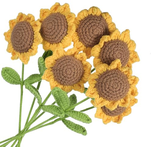 QUARKZMAN Cantidad 7 Flores De Hechas A Mano Girasol Tejido Naranja | Artificial Pequeña Maceta Con Tallos, Para Regalos De San Valentín Decoración De Mesa Para Hogar Bodas Oficina Fiestas