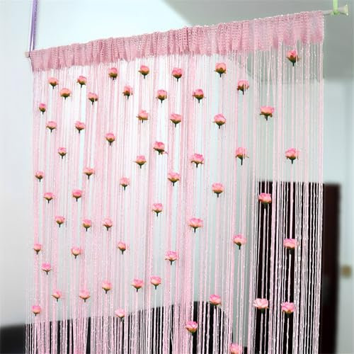 Surwin Tenda Antimosche a Fili per Porta Esterna con Rose, Frizzante Tenda a Fili Glitterata Pannelli Divisori, Colorato per Mosche Divisorio per Stanze Finestre Decorazioni (Rosa,100x200cm)