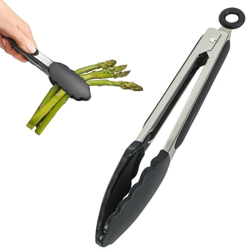Pinzas de cocina de silicona, pinzas de cocina de acero inoxidable y silicona, 23 cm, pinzas de metal con bloqueo, con mango de silicona resistente al calor, para servir barbacoa (negro)